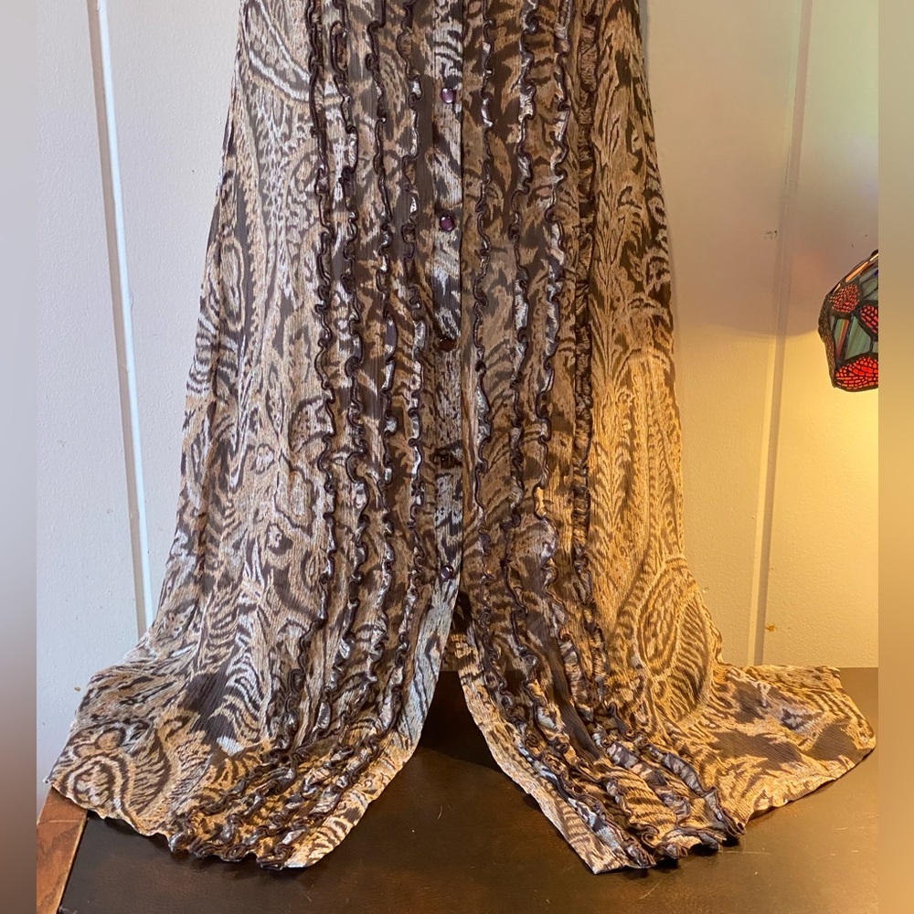 FINAL PRICE Oscar de la Renta sheer button down dress,tan/brown paisley,ruffle 4 - Picture 6 of 11